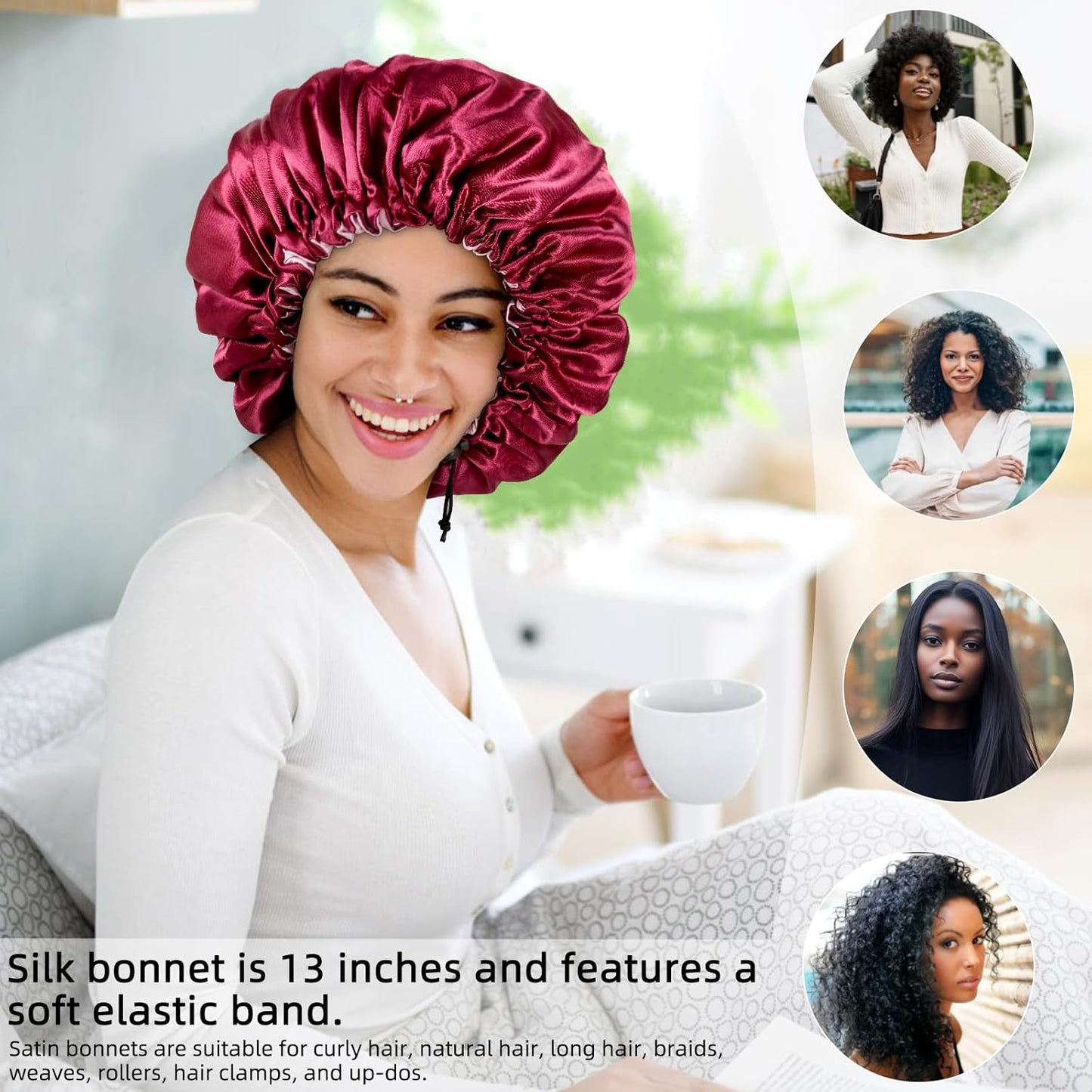 Satin Silk Bonnet for Curly Hair Bonnet Braid Bonnet for Sleeping Bonnets for Women Large Double-Layer Adjustable Wine Red
