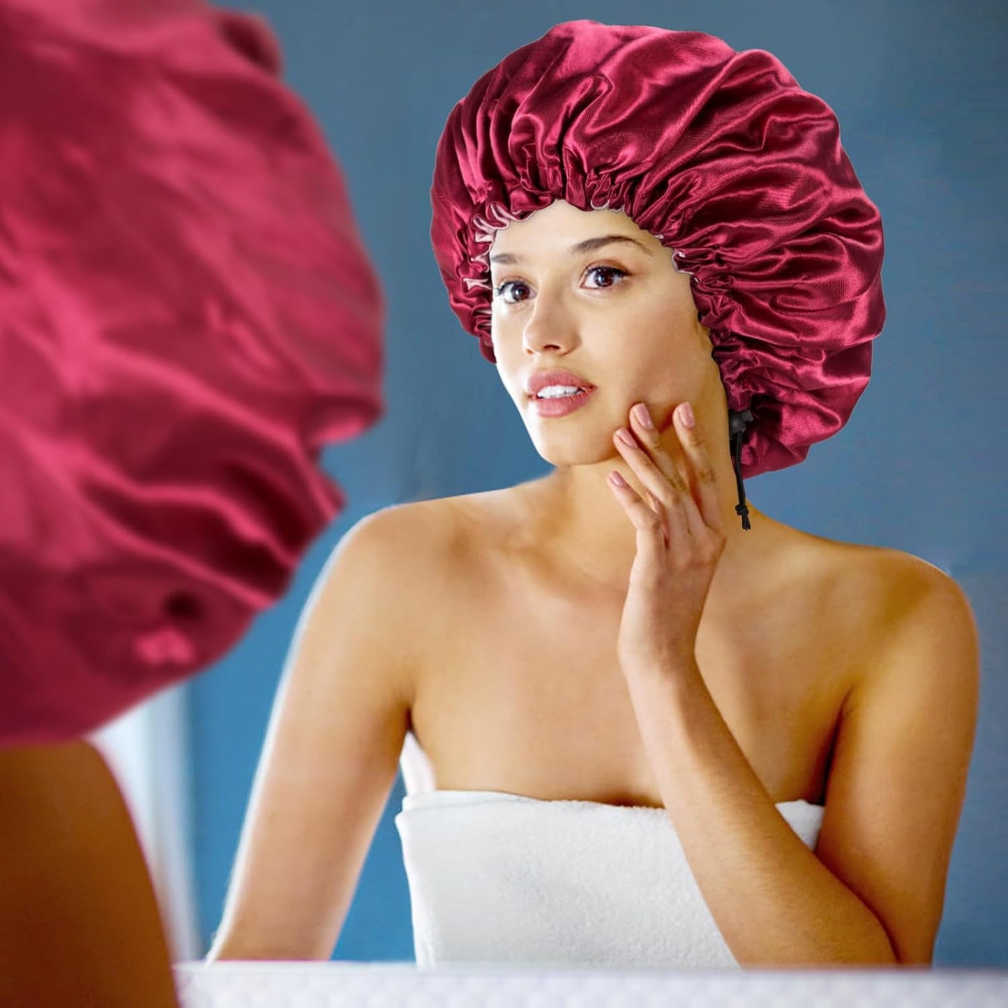 Satin Silk Bonnet for Curly Hair Bonnet Braid Bonnet for Sleeping Bonnets for Women Large Double-Layer Adjustable Wine Red