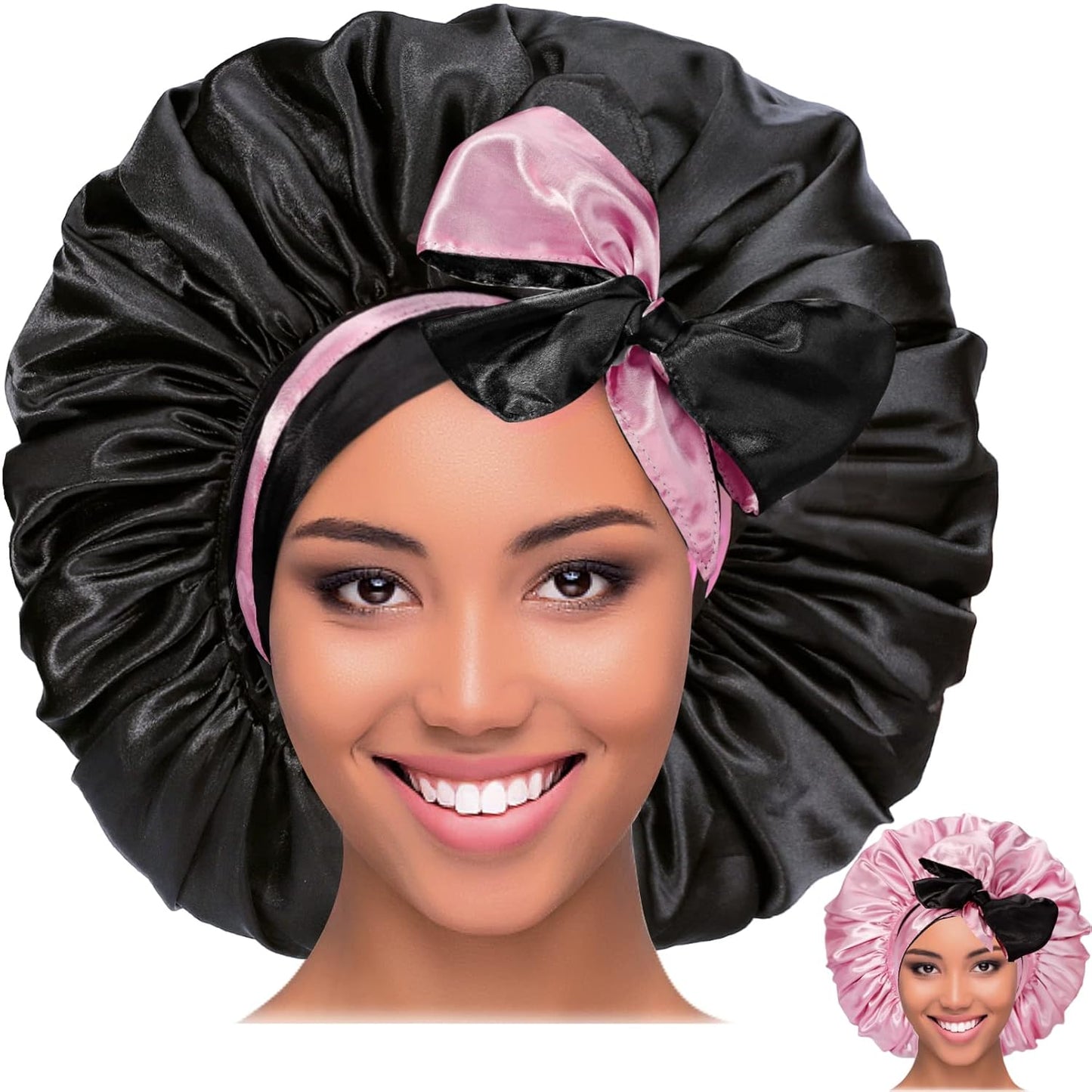 Jumbo Bonnet,Reversible Double Layer Satin Bonnet for Black Women,Adjustable Extra Large Sleeping Satin Lined Bonnet,Silk Bonnet Night Cap with Wide Tie Band for Braids Long Curly Hair(Black Pink)