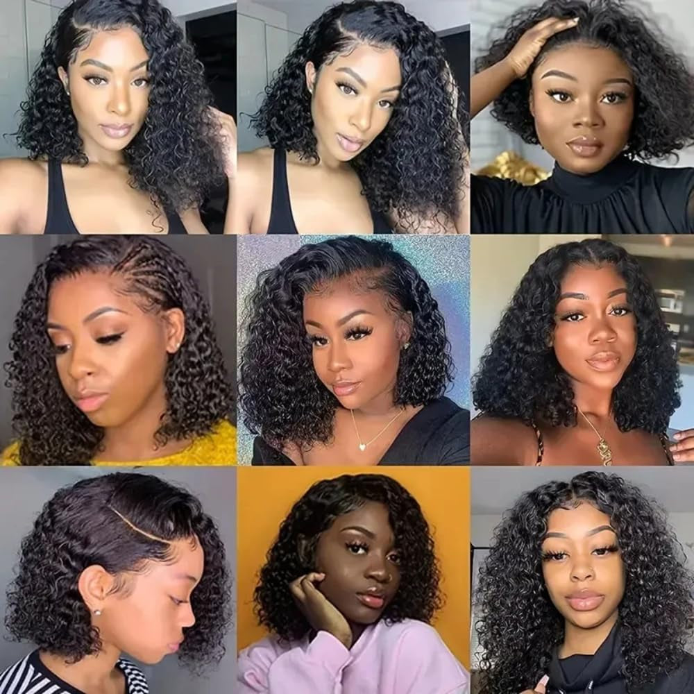 13X4 Lace Curly Short Bob Nature Black #1B Color Deep Water Wave HD Transparent Lace Front Wig 150% Density Glueless Wig 100% Human Hair Wigs Brazilian Remy Hair for Black Women