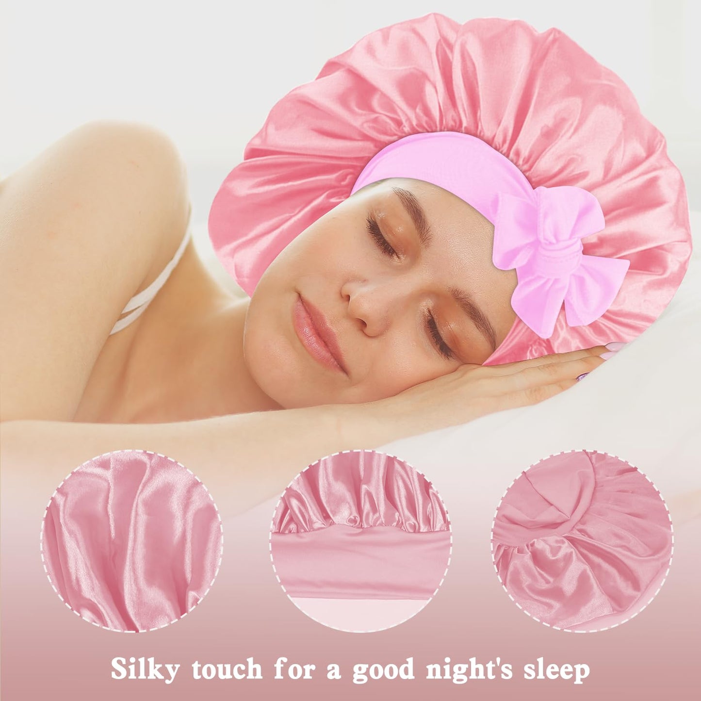 3Pcs Satin Bonnet for Sleeping Women Large Adjustable Hair Bonnet with Tie Band Silky Sleep Cap with Ribbon for Women Natural & Curly Long Hair anti Frizz, Soft Breathable(Pink/Purple)