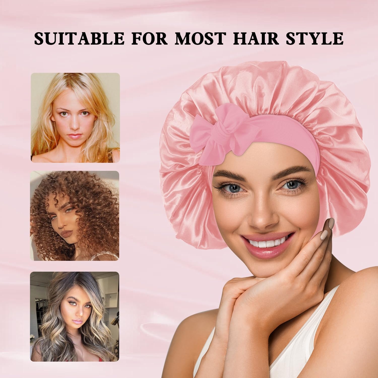 3Pcs Satin Bonnet for Sleeping Women Large Adjustable Hair Bonnet with Tie Band Silky Sleep Cap with Ribbon for Women Natural & Curly Long Hair anti Frizz, Soft Breathable(Pink/Purple)