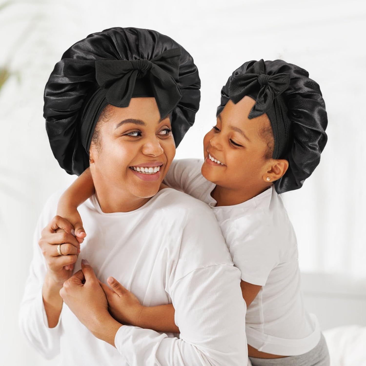 2 PCS Mommy and Me Bonnet Set, Silk and Satin Bonnets for Sleeping with Elastic Tie Band, Adjustable Hair Bonnets for Women, Girls, Kids and Toddlers (Black)