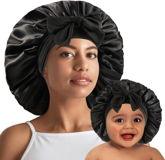 2 PCS Mommy and Me Bonnet Set, Silk and Satin Bonnets for Sleeping with Elastic Tie Band, Adjustable Hair Bonnets for Women, Girls, Kids and Toddlers (Black)