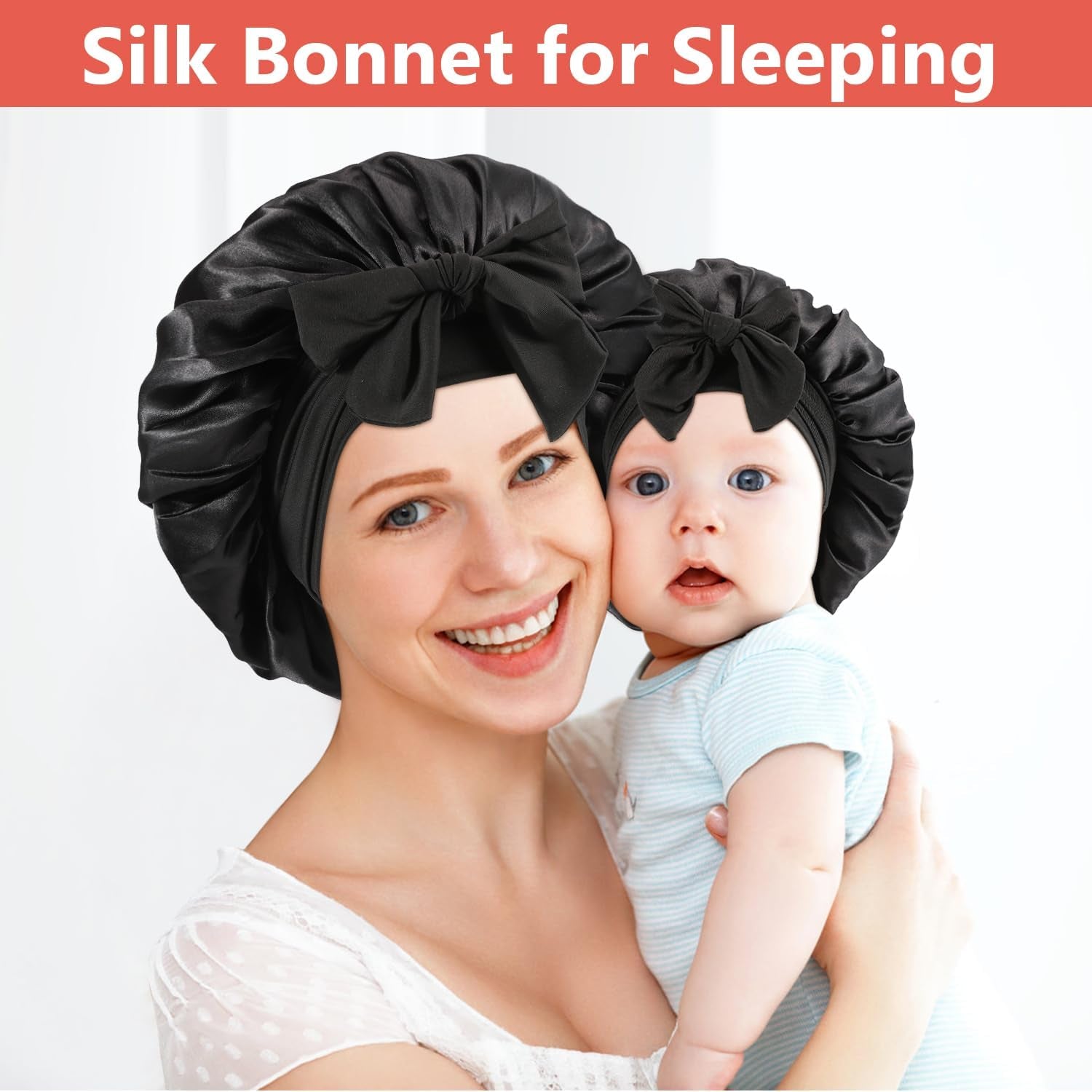 2 PCS Mommy and Me Bonnet Set, Silk and Satin Bonnets for Sleeping with Elastic Tie Band, Adjustable Hair Bonnets for Women, Girls, Kids and Toddlers (Black)