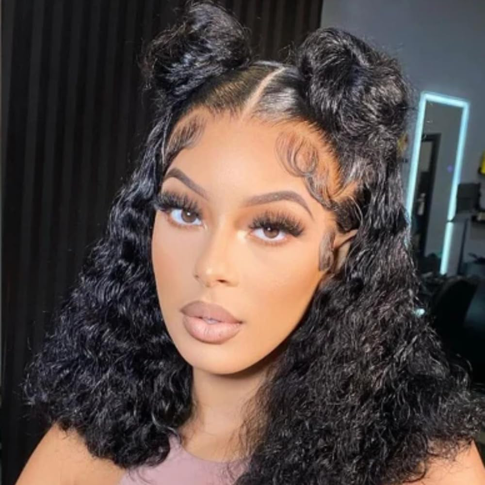 13X4 Lace Curly Short Bob Nature Black #1B Color Deep Water Wave HD Transparent Lace Front Wig 150% Density Glueless Wig 100% Human Hair Wigs Brazilian Remy Hair for Black Women