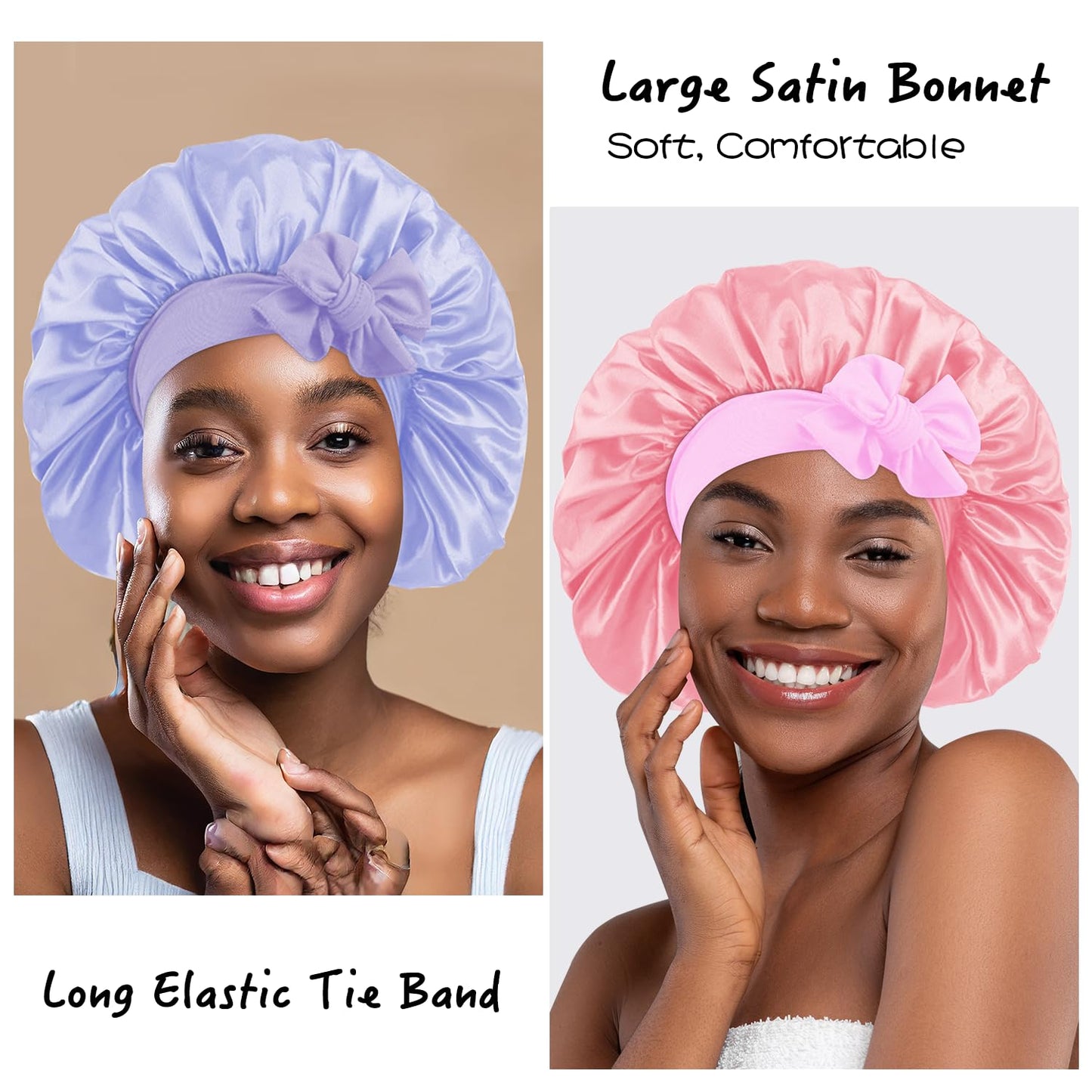 3Pcs Satin Bonnet for Sleeping Women Large Adjustable Hair Bonnet with Tie Band Silky Sleep Cap with Ribbon for Women Natural & Curly Long Hair anti Frizz, Soft Breathable(Pink/Purple)