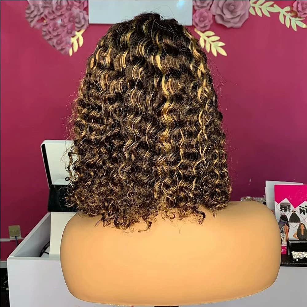 Honey Blonde Highlight Ombre Color Deep Wave 13X6 HD Invisible Lace Front Wig Human Hair Pixie Short Curly Bob Cut Lace Front Human Hair Wig for Women Brazilian Remy Wig Pre Plucked Bleached Knots