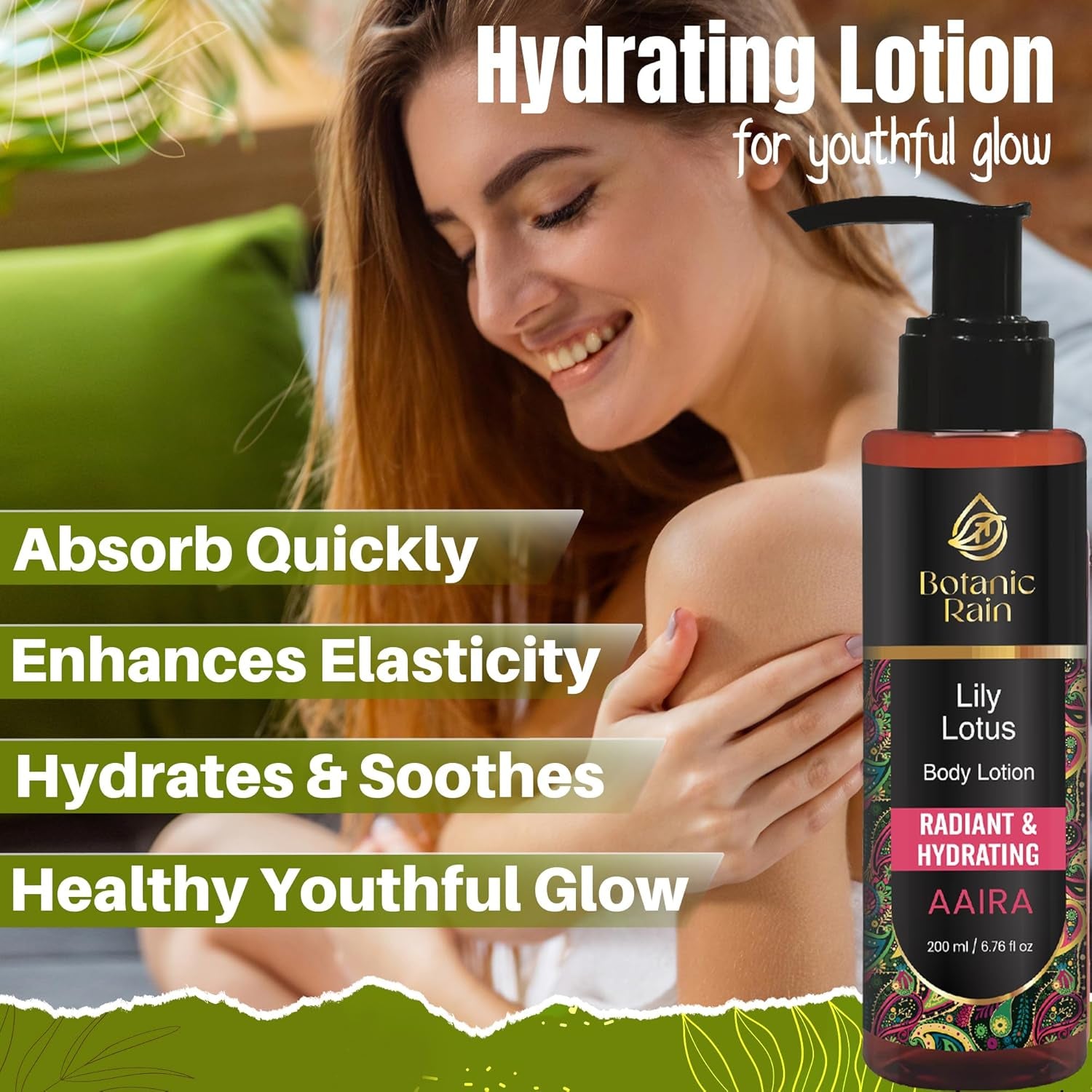 Organic Body Lotion with Lily & Lotus - Body Lotion for Crepey Skin, Body Lotion for Women, Natural, Vegan and Ayurveda Products - 6.76 Fl Oz