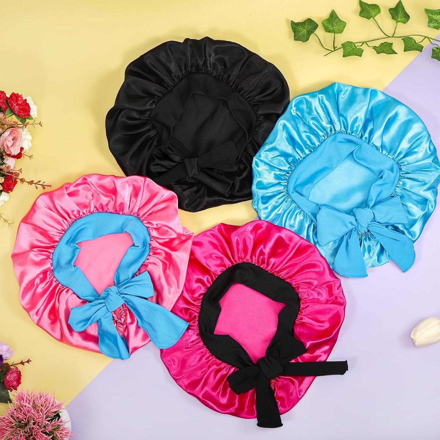 4 Pcs Kids Satin Bonnets, Sleep Cap with Wide Elastic Tie Band, Silky Bonnet for Sleeping Curly Natural Hair, Baby Bonnets for Girls & Boys Toddler