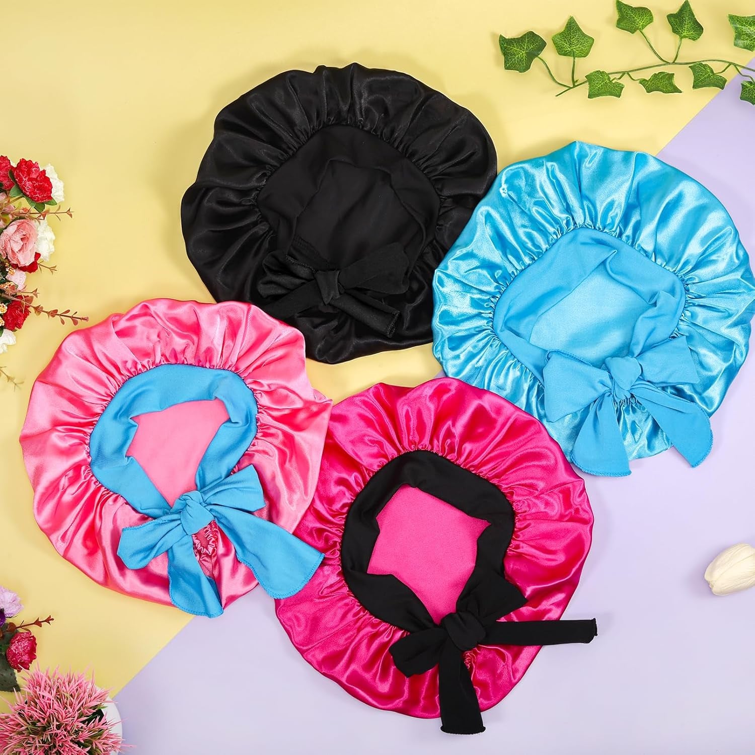 4 Pcs Kids Satin Bonnets, Sleep Cap with Wide Elastic Tie Band, Silky Bonnet for Sleeping Curly Natural Hair, Baby Bonnets for Girls & Boys Toddler