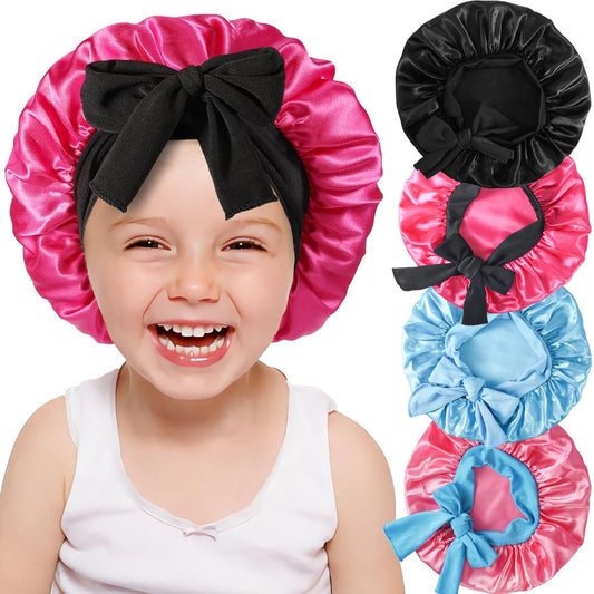 4 Pcs Kids Satin Bonnets, Sleep Cap with Wide Elastic Tie Band, Silky Bonnet for Sleeping Curly Natural Hair, Baby Bonnets for Girls & Boys Toddler