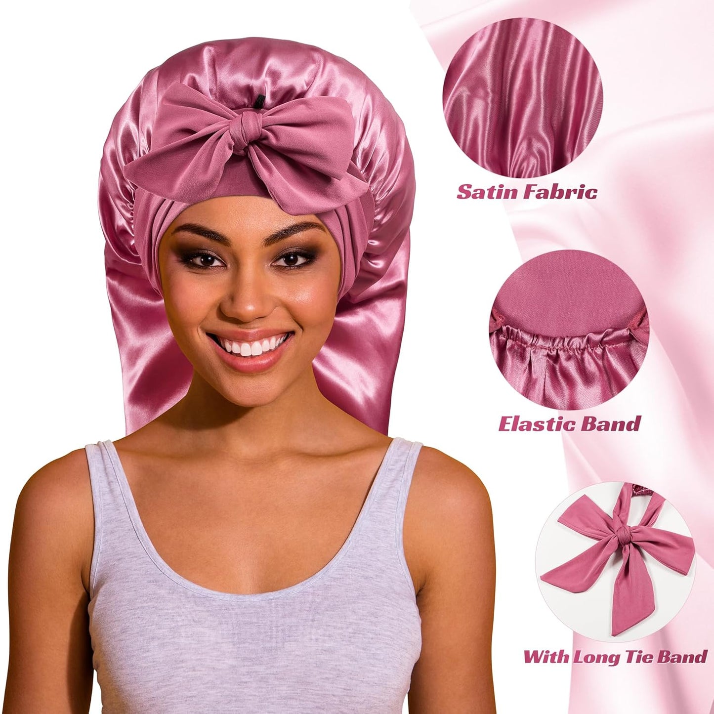 Long Bonnet Satin Hair Silk Bonnet for Sleeping Women, Silky Bonnets for Women with Tie Band, Sleep Cap for Braids Curly Hair