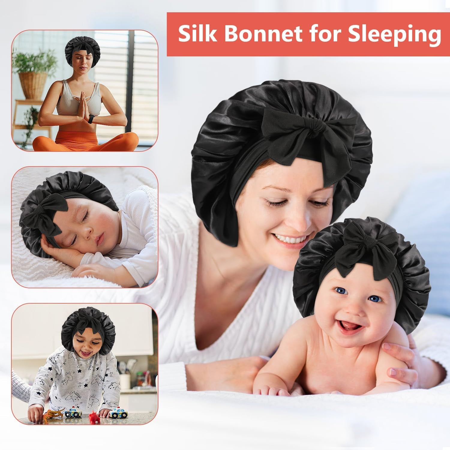 2 PCS Mommy and Me Bonnet Set, Silk and Satin Bonnets for Sleeping with Elastic Tie Band, Adjustable Hair Bonnets for Women, Girls, Kids and Toddlers (Black)