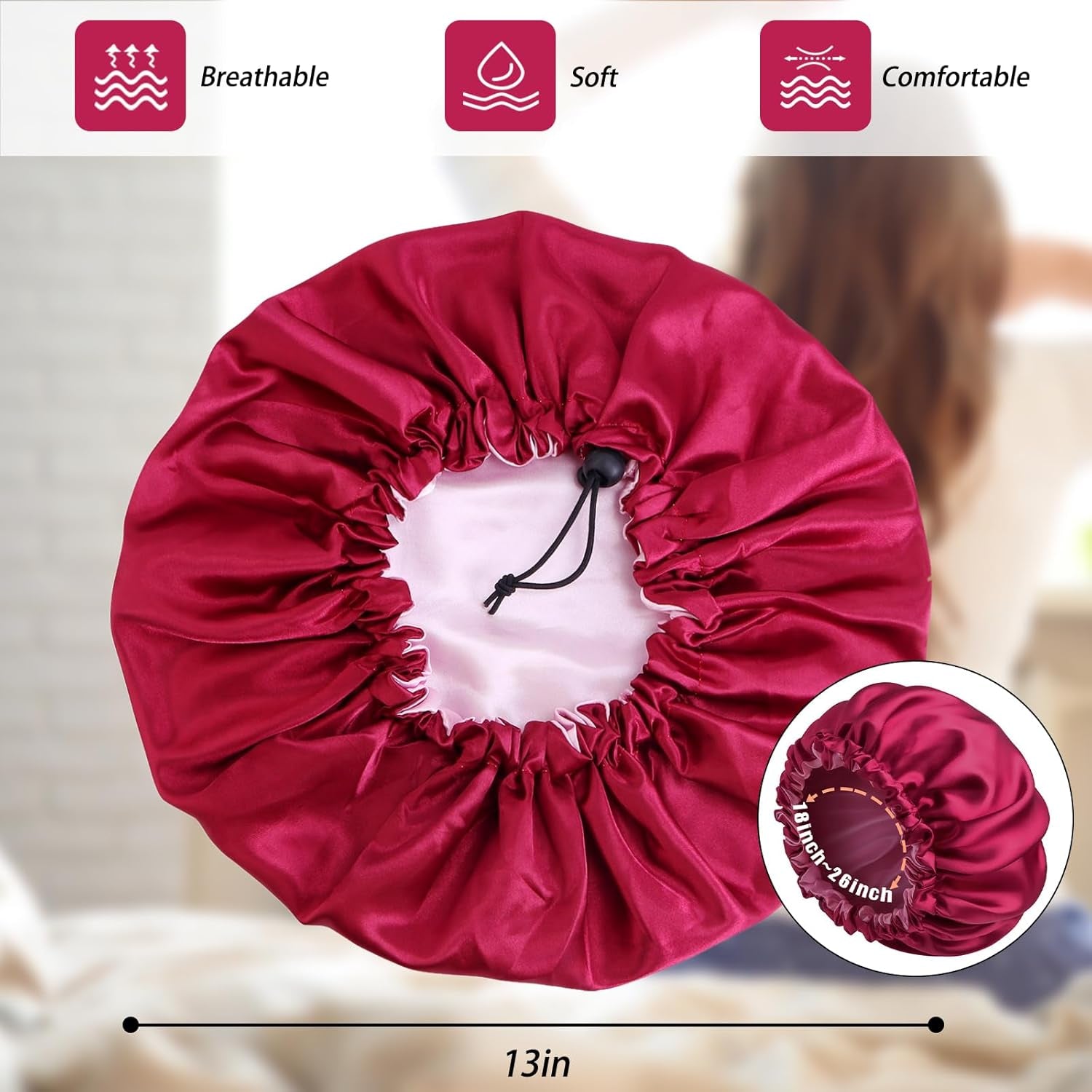 Satin Silk Bonnet for Curly Hair Bonnet Braid Bonnet for Sleeping Bonnets for Women Large Double-Layer Adjustable Wine Red