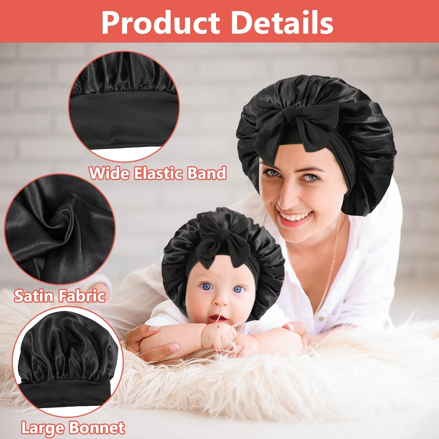 2 PCS Mommy and Me Bonnet Set, Silk and Satin Bonnets for Sleeping with Elastic Tie Band, Adjustable Hair Bonnets for Women, Girls, Kids and Toddlers (Black)