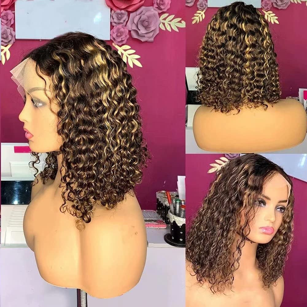 Honey Blonde Highlight Ombre Color Deep Wave 13X6 HD Invisible Lace Front Wig Human Hair Pixie Short Curly Bob Cut Lace Front Human Hair Wig for Women Brazilian Remy Wig Pre Plucked Bleached Knots