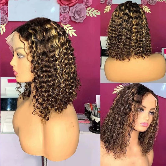 Honey Blonde Highlight Ombre Color Deep Wave 13X6 HD Invisible Lace Front Wig Human Hair Pixie Short Curly Bob Cut Lace Front Human Hair Wig for Women Brazilian Remy Wig Pre Plucked Bleached Knots