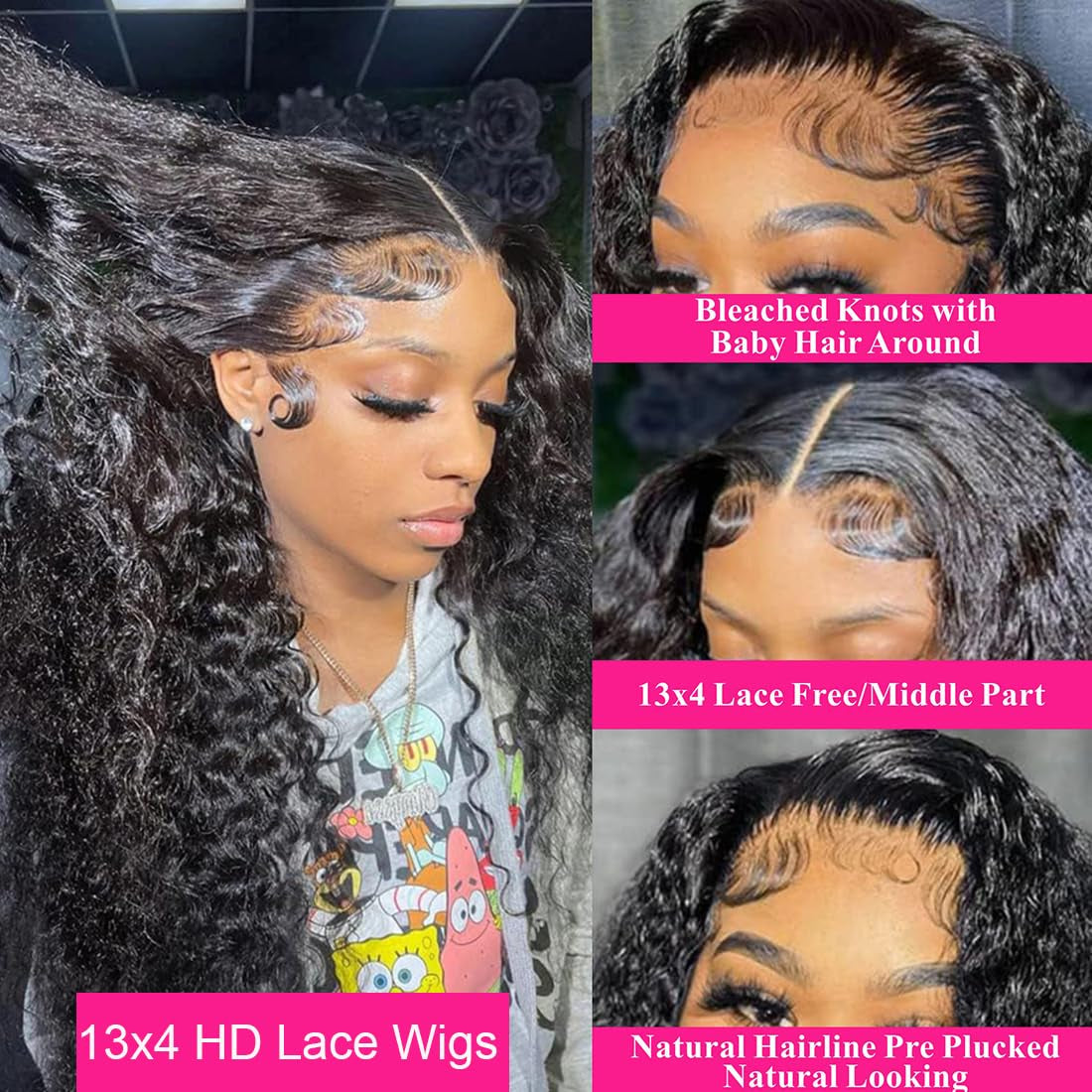 13X4 Deep Wave Lace Front Wigs Human Hair Deep Curly Frontal Wigs for Women 180% Density HD Transparent Lace Wigs Pre Plucked with Baby Hair Super Soft Glueless Wig Natural Black Color 28Inch