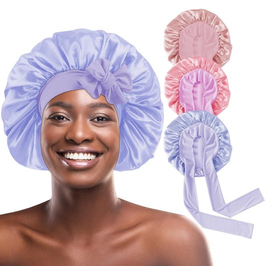 3Pcs Satin Bonnet for Sleeping Women Large Adjustable Hair Bonnet with Tie Band Silky Sleep Cap with Ribbon for Women Natural & Curly Long Hair anti Frizz, Soft Breathable(Pink/Purple)