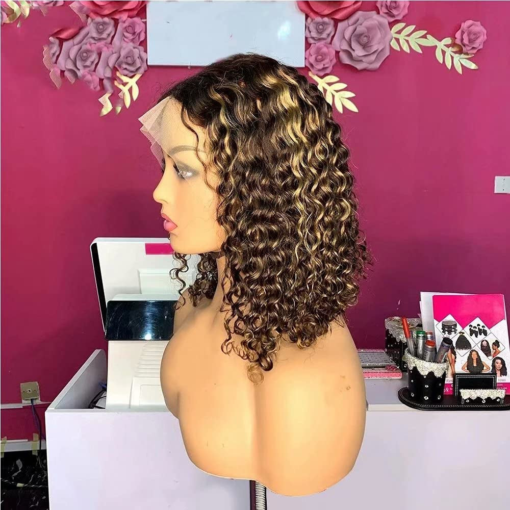 Honey Blonde Highlight Ombre Color Deep Wave 13X6 HD Invisible Lace Front Wig Human Hair Pixie Short Curly Bob Cut Lace Front Human Hair Wig for Women Brazilian Remy Wig Pre Plucked Bleached Knots
