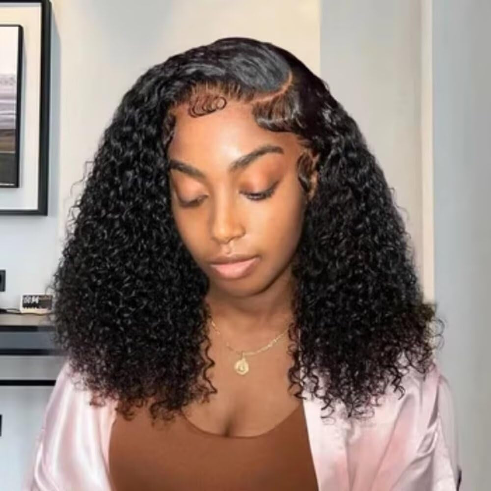 13X4 Lace Curly Short Bob Nature Black #1B Color Deep Water Wave HD Transparent Lace Front Wig 150% Density Glueless Wig 100% Human Hair Wigs Brazilian Remy Hair for Black Women