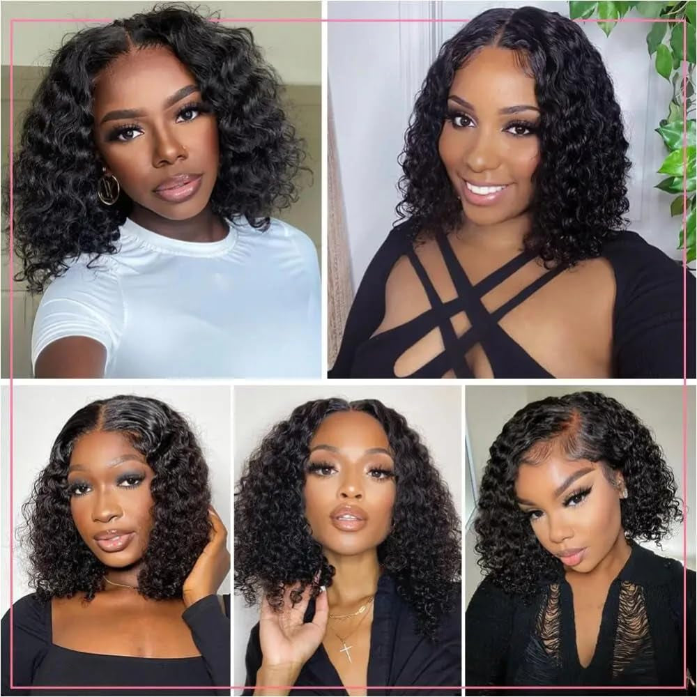 13X4 Lace Curly Short Bob Nature Black #1B Color Deep Water Wave HD Transparent Lace Front Wig 150% Density Glueless Wig 100% Human Hair Wigs Brazilian Remy Hair for Black Women